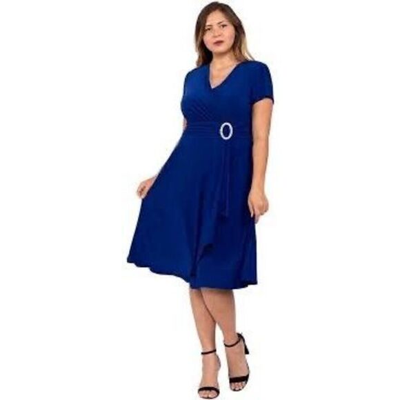 R&M Richards Women’s Plus Size 18 Short Sleeve Faux Wrap Cascade Dress Blue - Picture 5 of 15